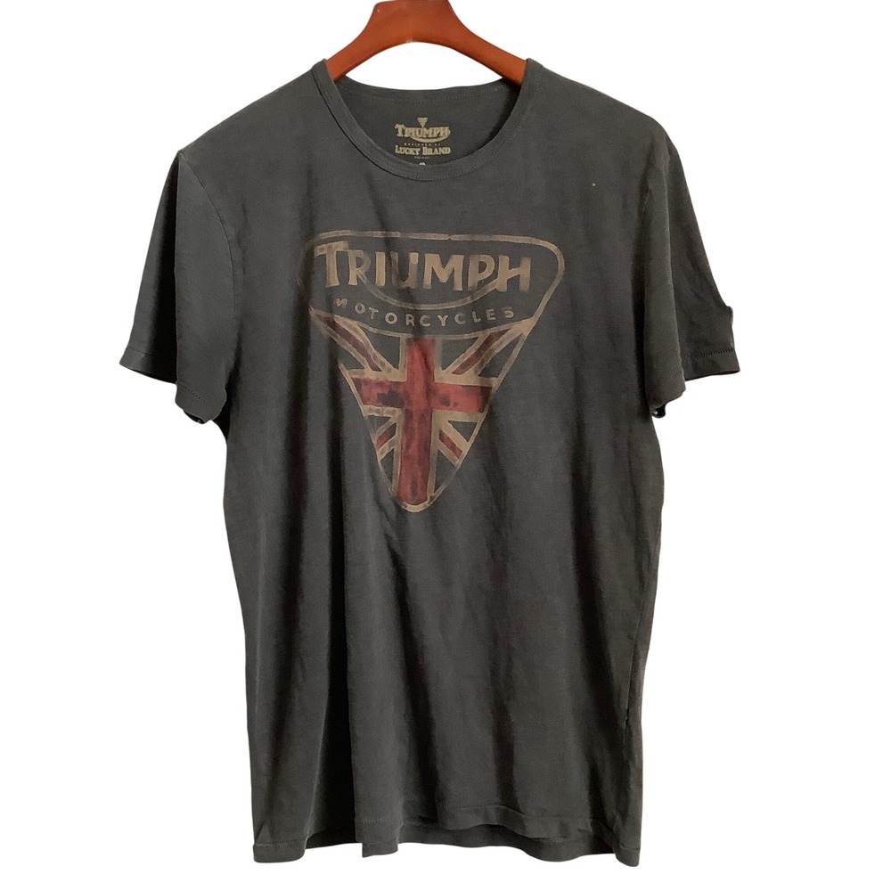 Lucky Brand Triumph Motorcycles Graphic T-Shirt Charcoal Gray Union Jack USA M - Picture 2 of 5